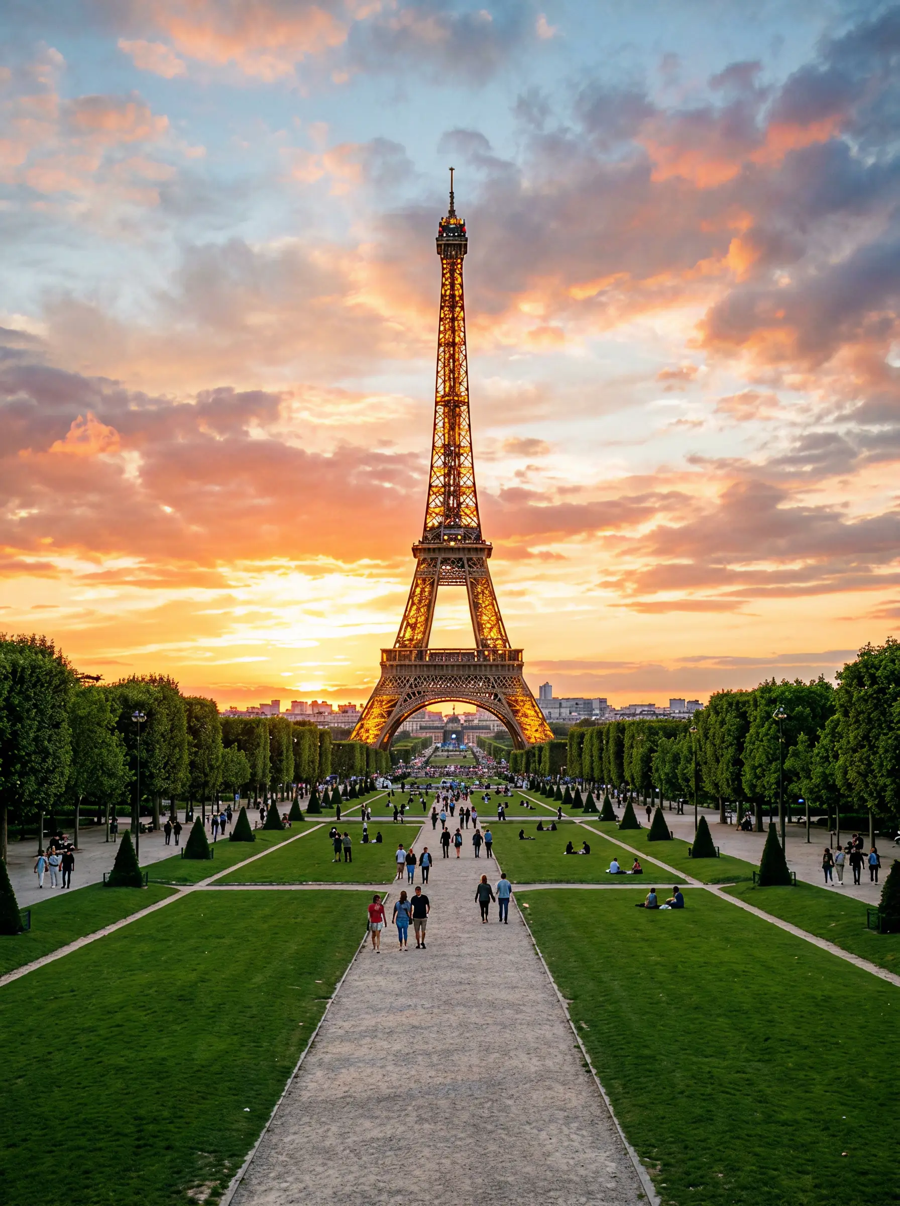 Bild, das den Champ de Mars mit dem Eiffelturm im Hintergrund zeigt